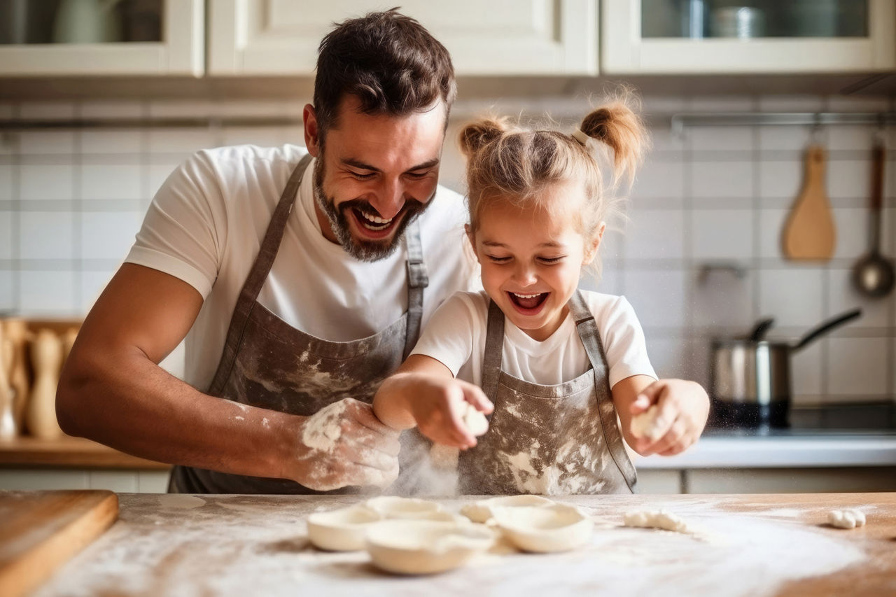 Glücklicher Vater und Tochter teilen einen Moment der Freude in der Familienküche, bereiten Teig mit Mehl zu und kochen gemeinsam.
