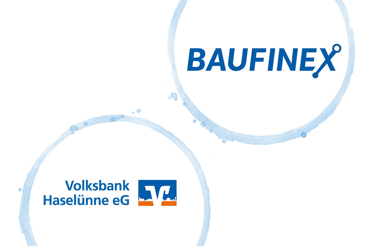 zwei Logos BAUFINEX und Volksbank Haselünne  beide umgeben von hellblauen Ringen