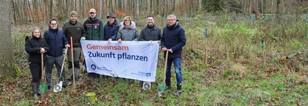 Das Bild zeigt Mitarbeiter der VR Bank und den Bürgermeister von Büdingen , die Bäume im Büdinger Wald pflanzen. Sie engagieren sich aktiv für den Klimaschutz und die Aufforstung.
