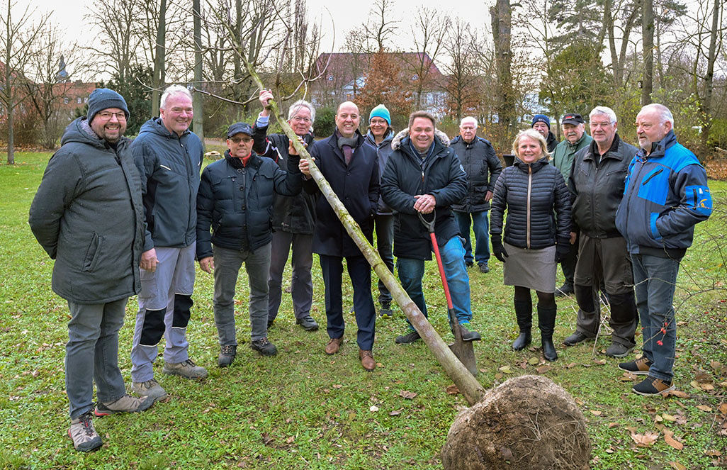 Eine Gruppe von Männern und Frauen pflanzen einen Baum