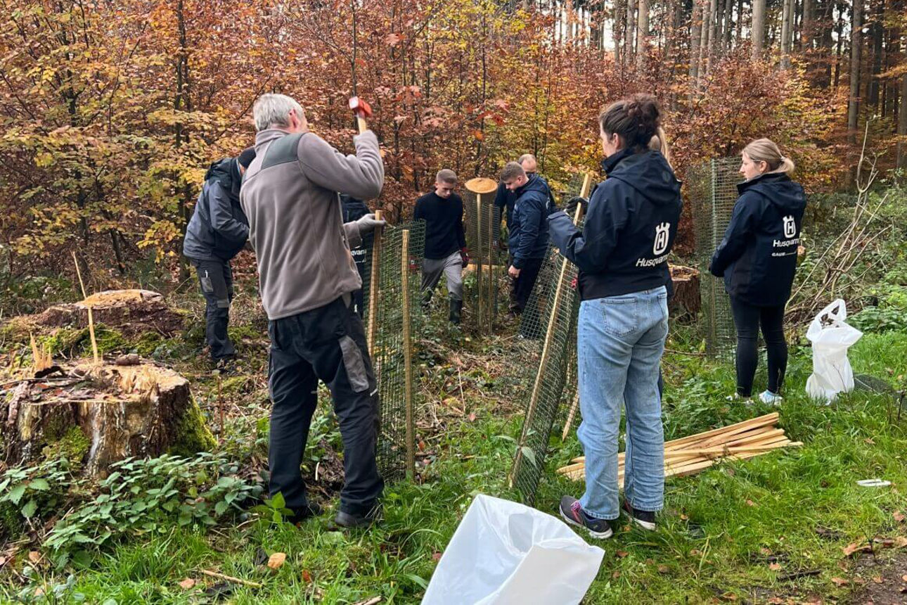 Gruppe von Menschen, die im Wald Bäume Pflanzen