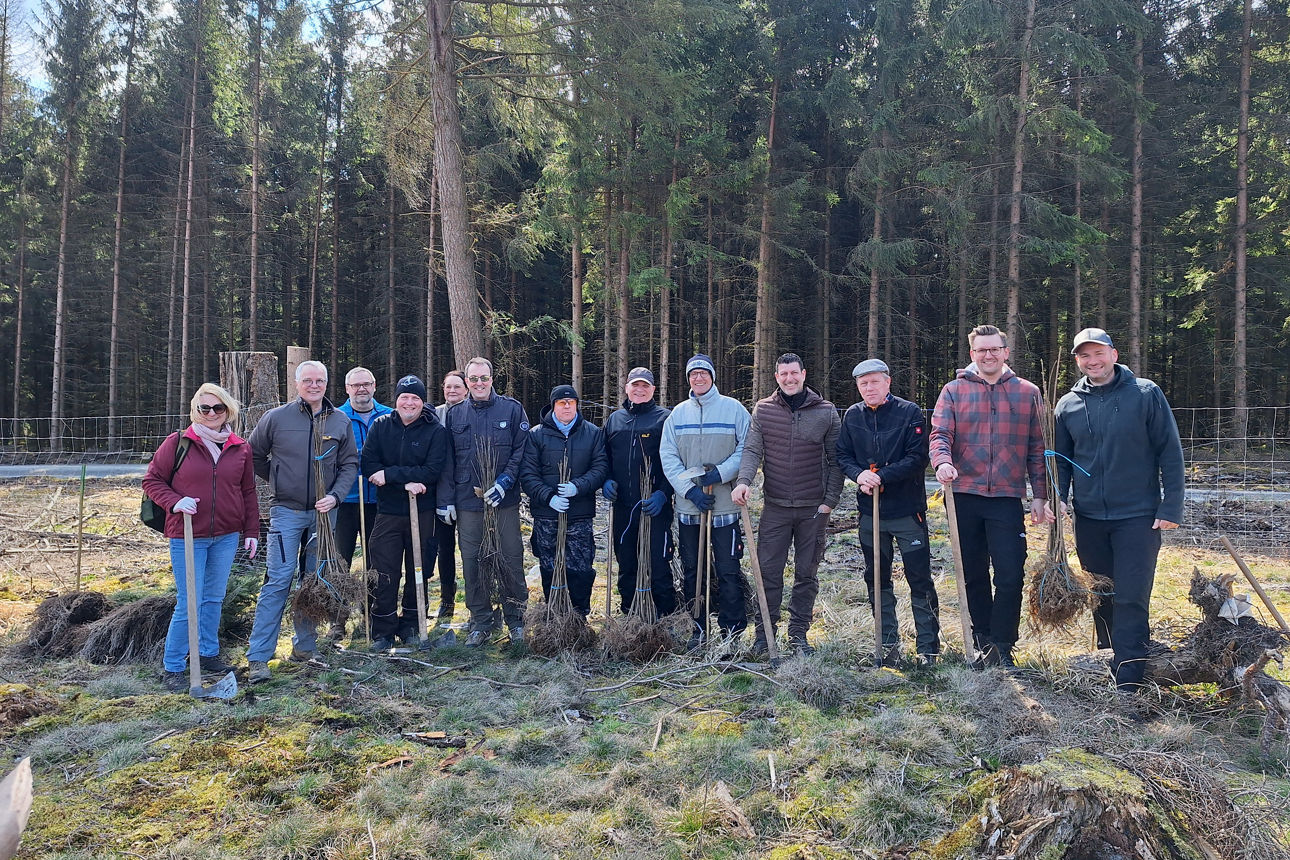 Auf dem Bild steht eine Gruppe von Menschen in einem Waldgebiet und hat Baumsetzlinge und Spaten in der Hand.