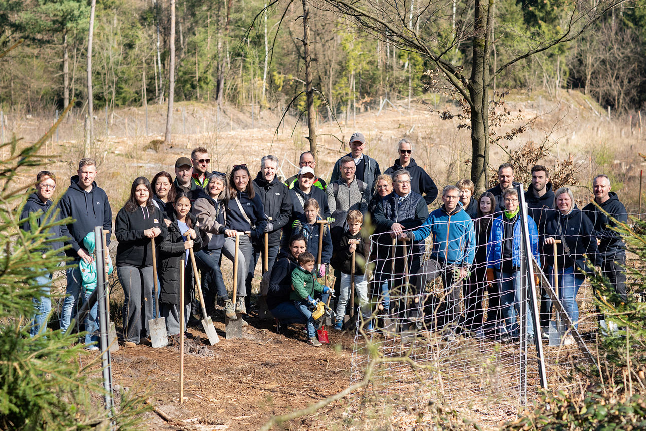 Mitarbeiterinnen und Mitarbeiter der Volksbank Detmold bei der Baumpflanzaktion