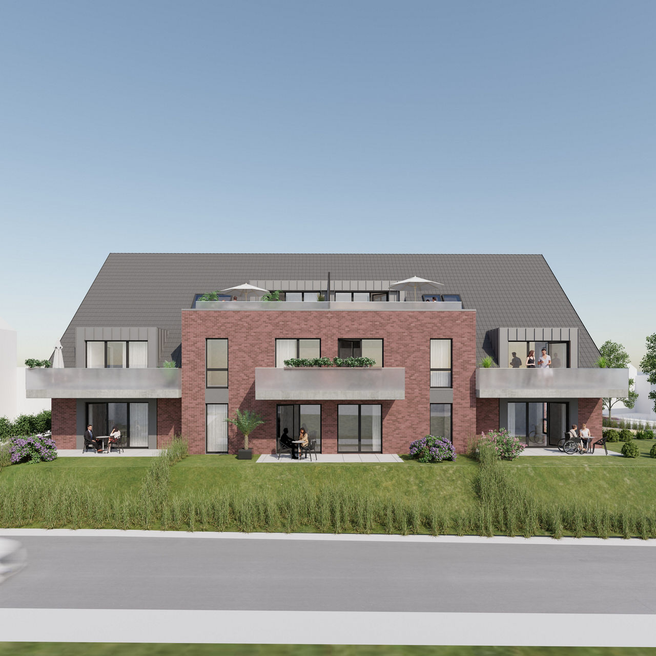 Moderne Wohnanlage mit drei Etagen, Klinkerfassade, großen Balkonen und Dachterrassen.