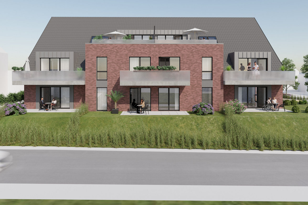 Moderne Wohnanlage mit drei Etagen, Klinkerfassade, großen Balkonen und Dachterrassen.
