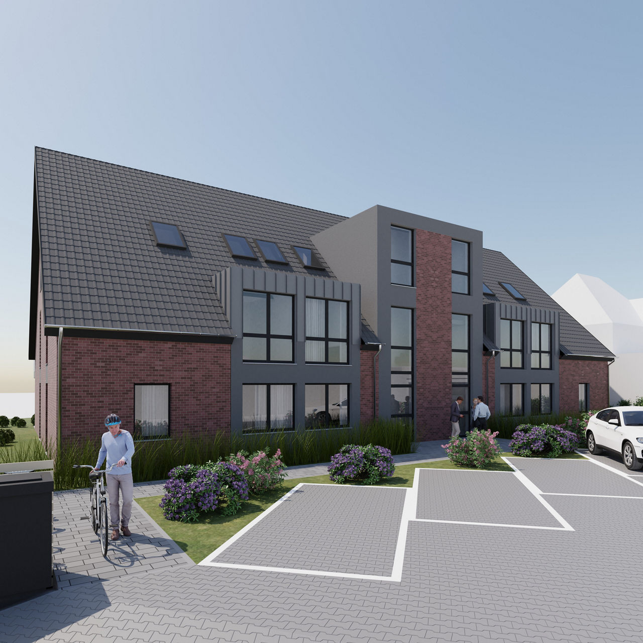 Moderne Wohnanlage mit drei Etagen, Klinkerfassade, großen Balkonen und Dachterrassen - Perspektive Eingang