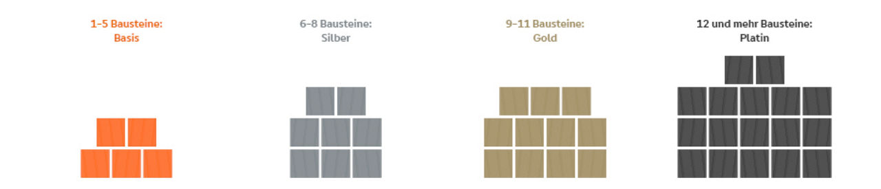 Vier Stufen des Kundenstatus: Basis, Silber, Gold, Platin, basierend auf 1–5, 6–8, 9–11 und 12+ Bausteinen.
