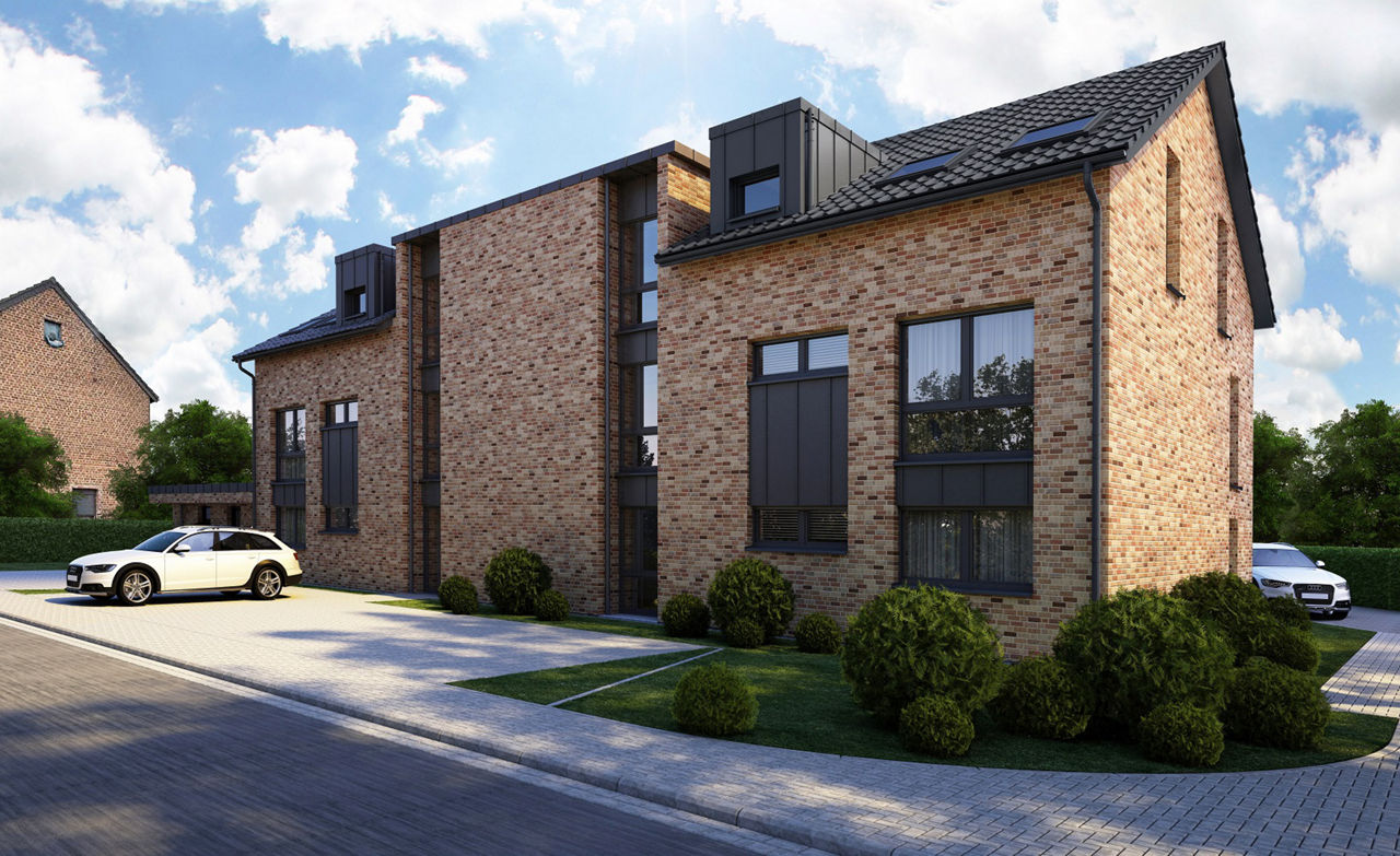 3D-Grafik mit Frontansicht eines geplanten Mehrfamilienhauses