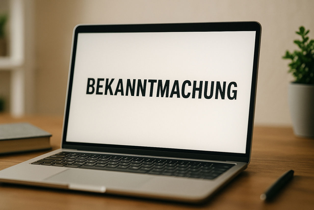 Aufgeklapptes Notebook, auf dessen Display "Bekanntmachung" steht. KI-generiertes Bild.