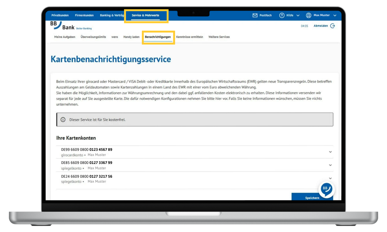 Screenshot zeigt Online-Banking der BBBank im Bereich Kartenbenachrichtigungsservice