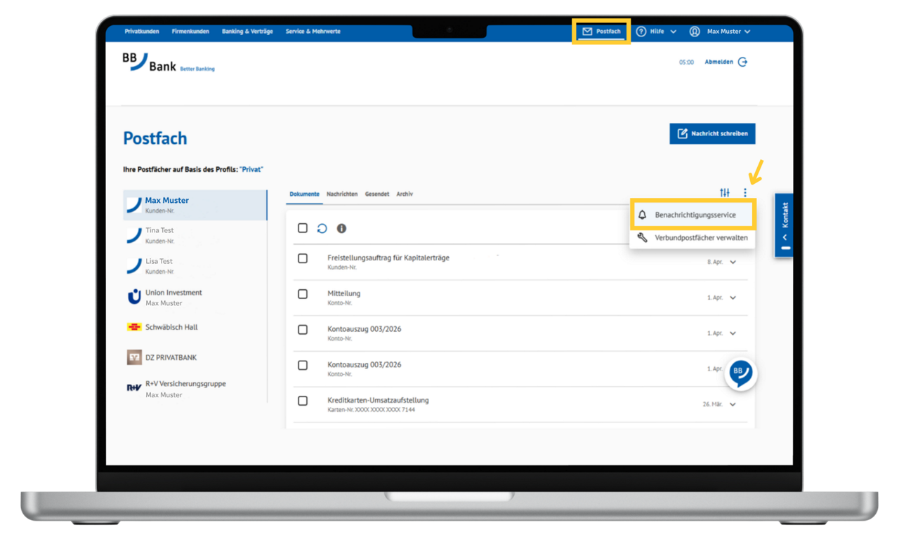 Screenshot zeigt Postfach im Online-Banking der BBBank