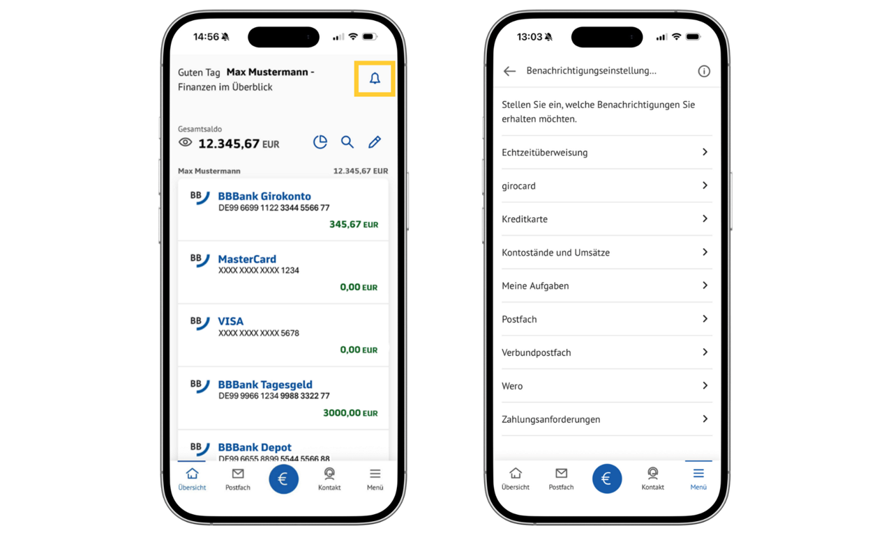 zwei Smartphone-Bildschirme zeigen Kontoübersicht und Übersicht der Benachrichtigungen in der BBBank App