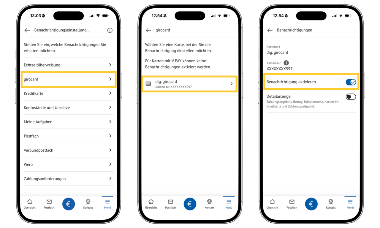 drei Smartphone-Bildschirme zeigen Einstellungen zu girocard-Benachrichtigungen in der BBBank App