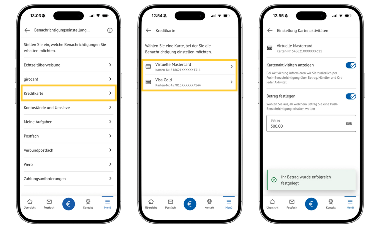 drei Smartphone-Bildschirme zeigen Einstellungen zu Kreditkarten-Benachrichtigungen in der BBBank App