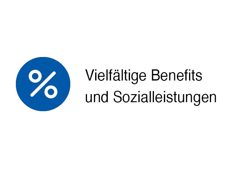 Ein Prozentzeichen in einem blauem Kreis, daneben der Text "Vielfältige Benefits und Sozialleistungen"