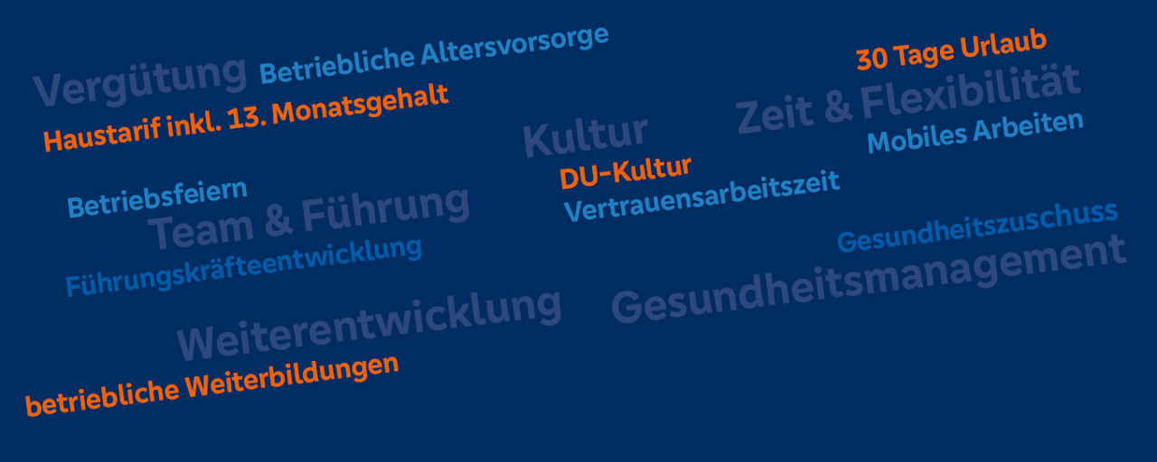 Unsere Benefits auf blauen Hintergrund geschreiben