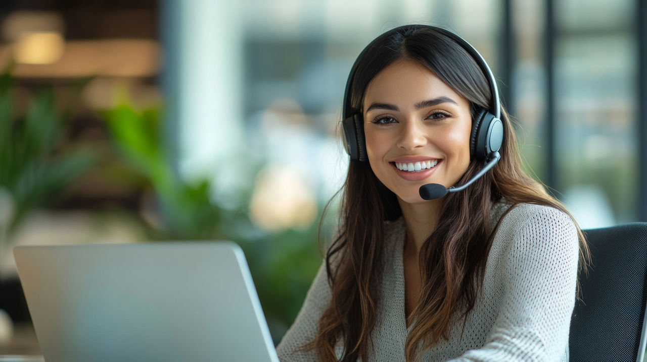 Junge Frau sitzt vor einem Laptop mit einem Headset um den Kopf