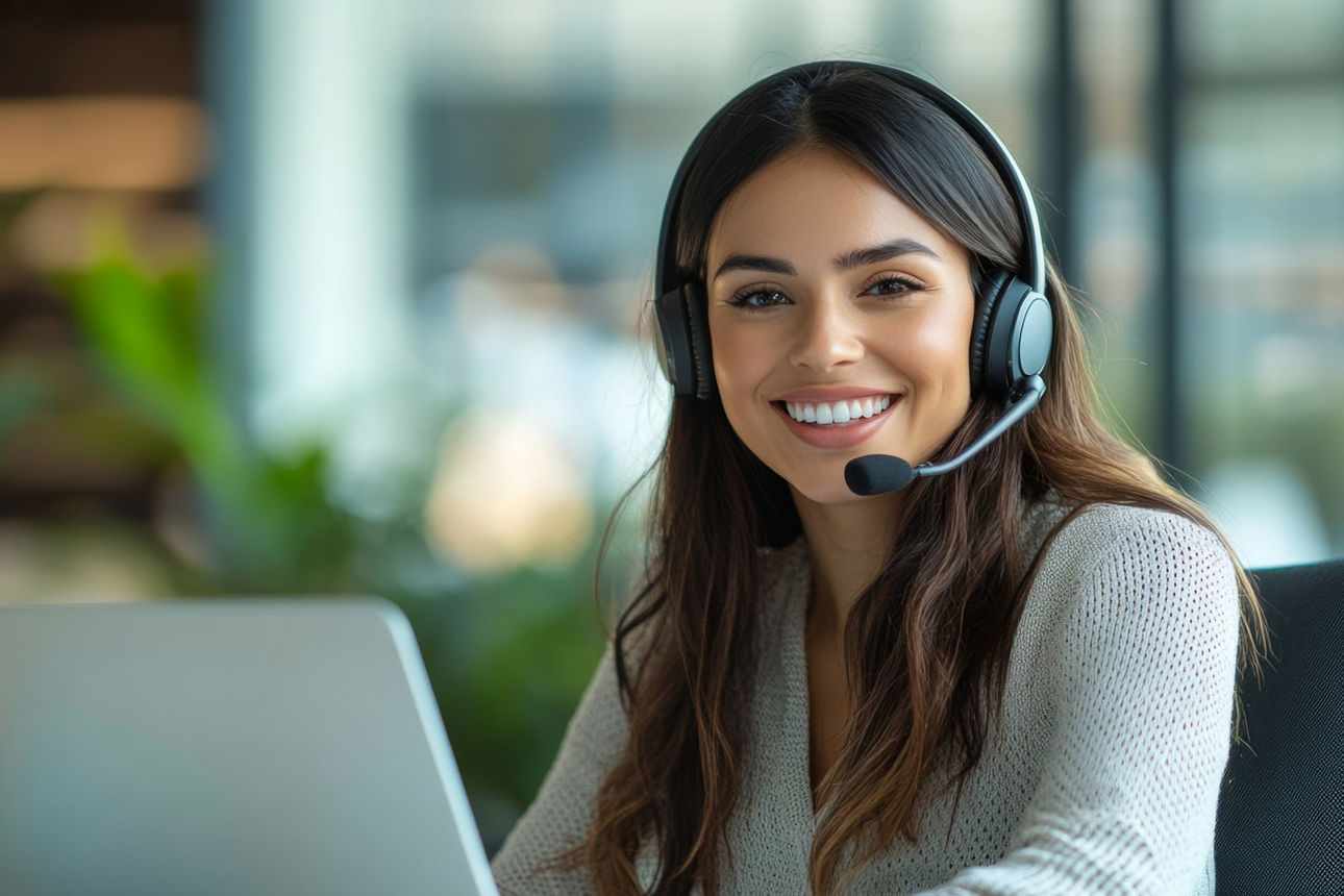Junge Frau sitzt vor einem Laptop mit einem Headset um den Kopf