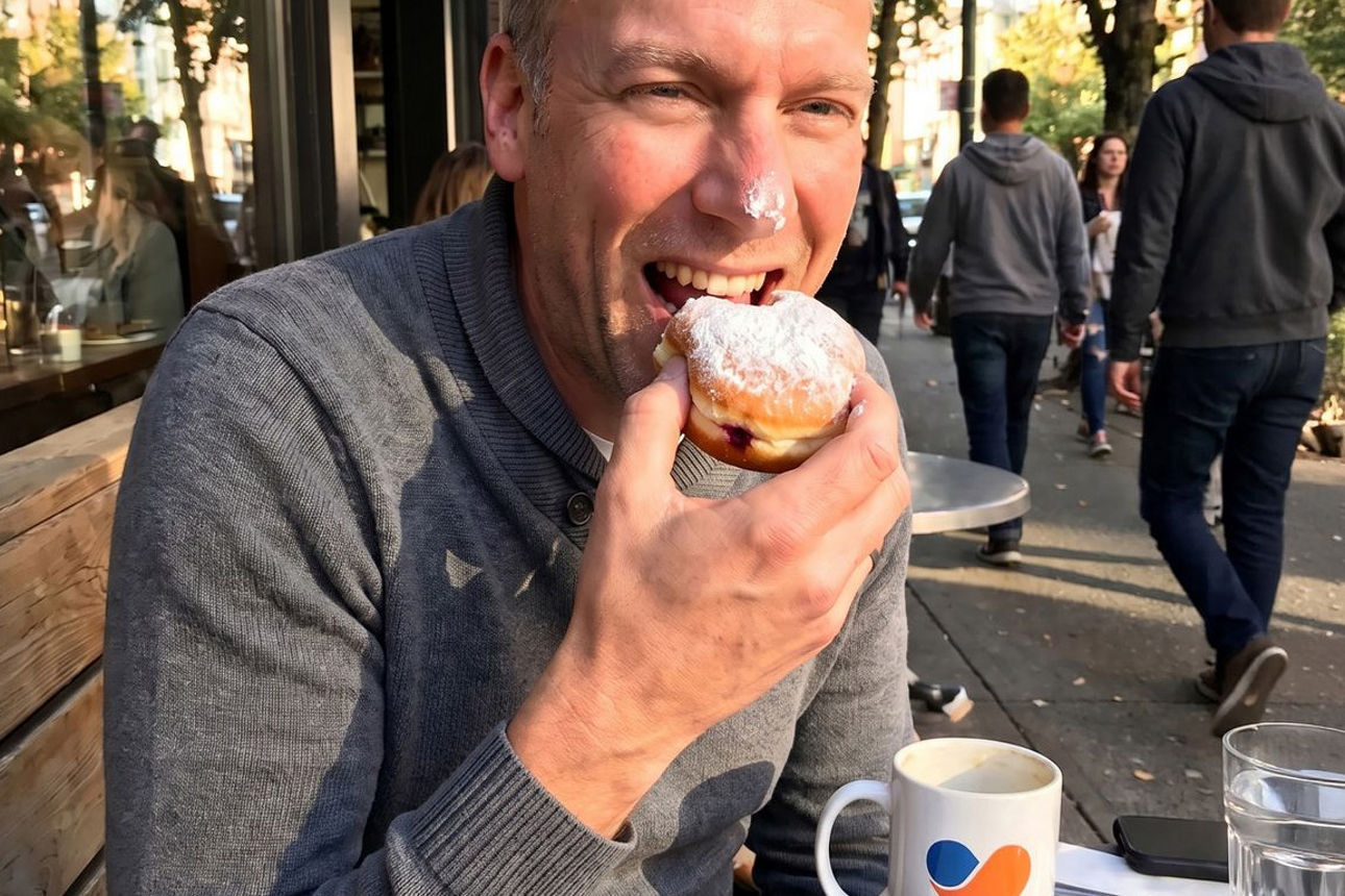 Ein Mann sitzt in einem Café und beisst in einen Berliner