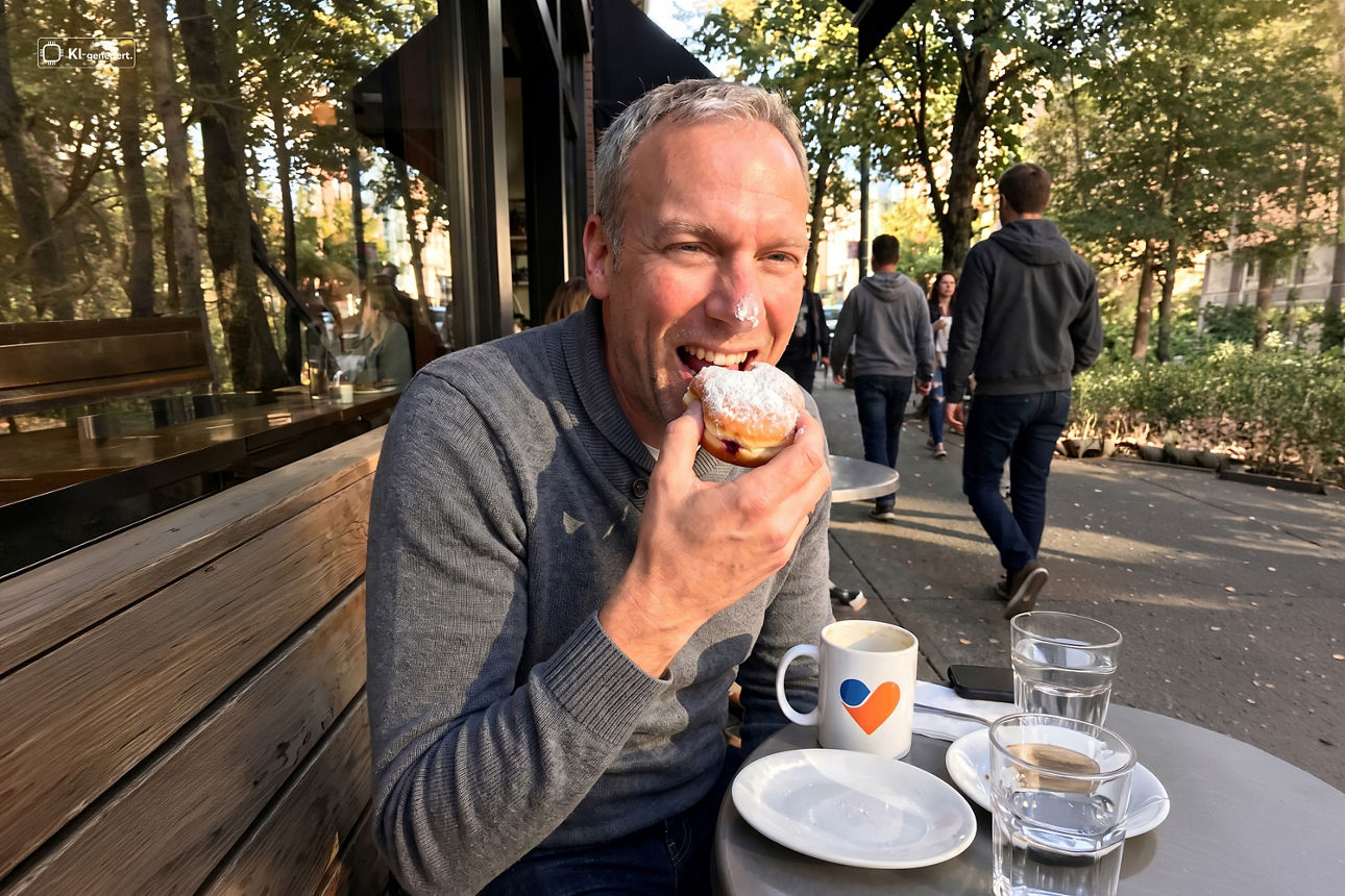 Ein Mann in einem Café isst einen Berliner