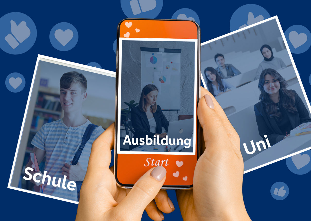 Hände halten eine Smartphone, darauf eine Art Dating-App