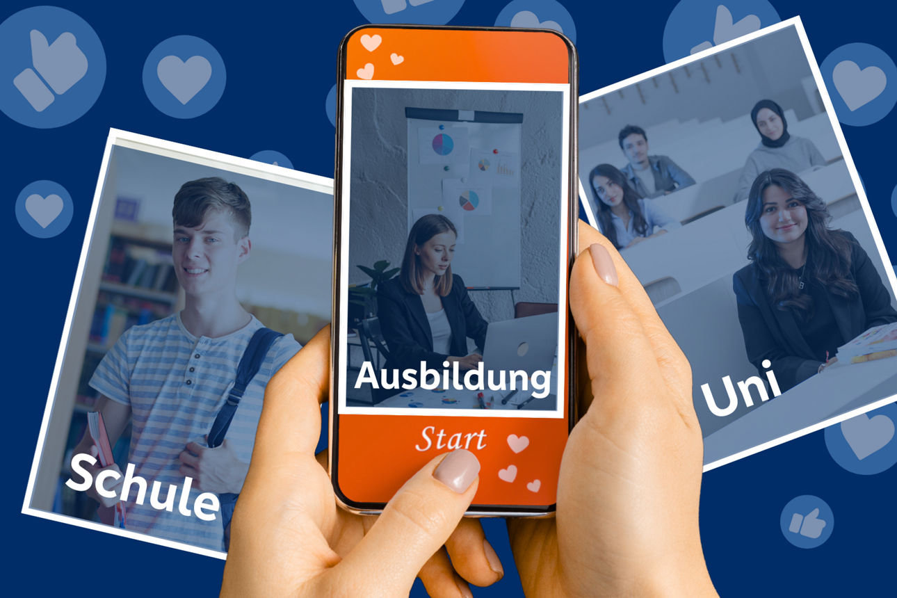 Hände halten eine Smartphone, darauf eine Art Dating-App