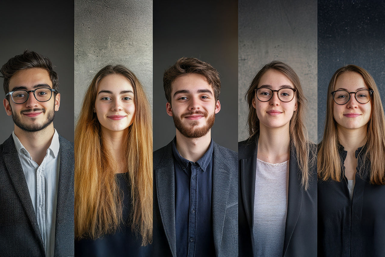 Verschiedene junge Personen die nebeneinander fargestellt sind, Bewerbungsbild.