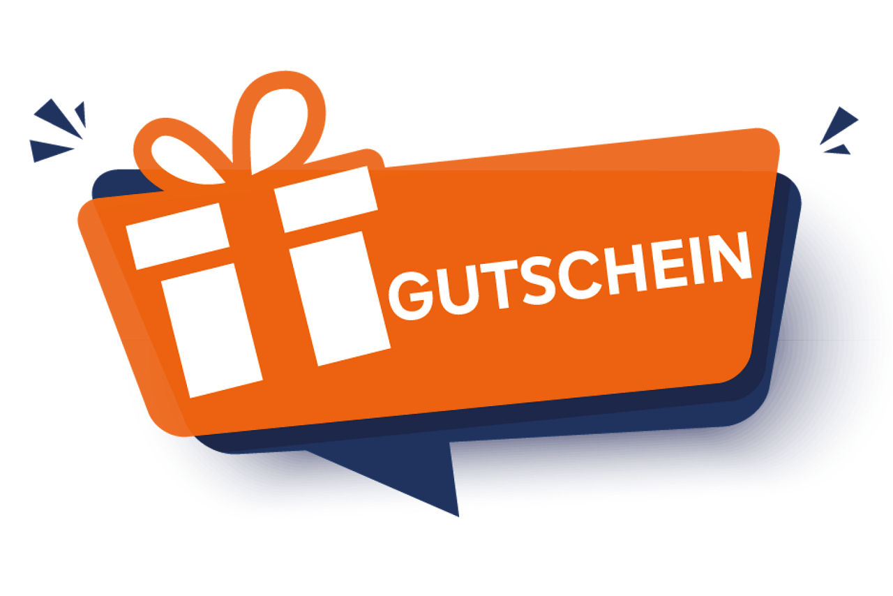 Darstellung einer Sprechblase mit einem abgebildeten Geschenk und dem Wort Gutschein