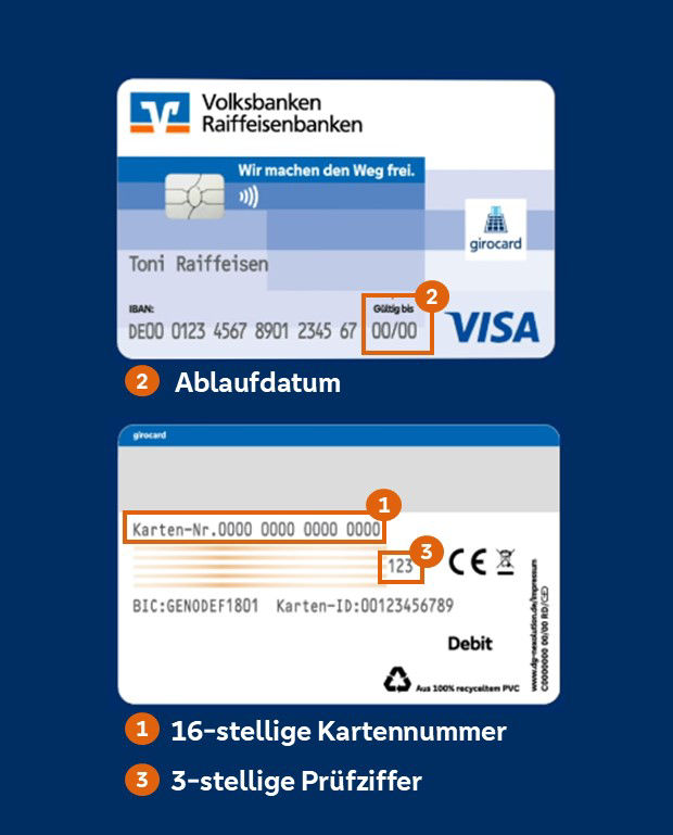 Kartenabbildung girocard Debit Mastercard: 1) 16-stellige Kartennummer, 2) Ablaufdatum, 3) 3-stellige Prüfziffer