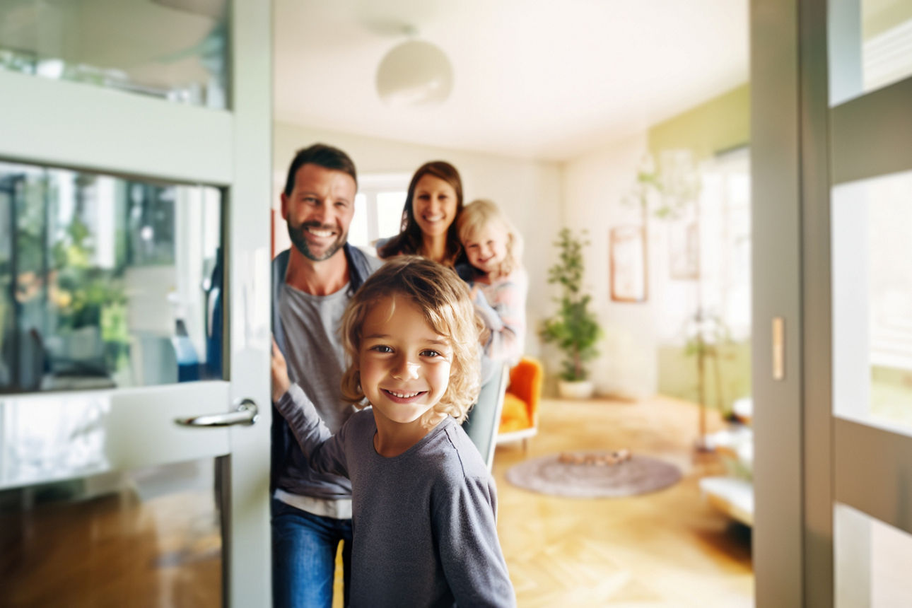 Ein Junge öffnet eine Tür. Im Hintergrund der Vater, die Mutter und die jüngere Schwester. Alle lächeln in die Kamera. 