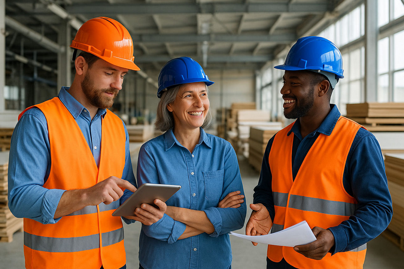 zwei Männer und eine Frau mit Bauarbeiterhelmen
