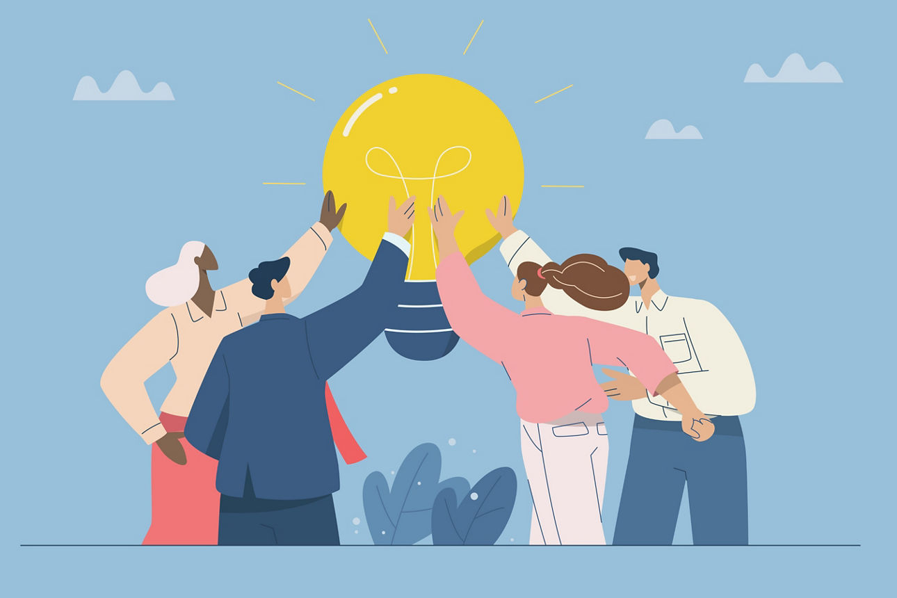 Zeichnung mehrere Leute haben die Hände an einer großen Glühbirne