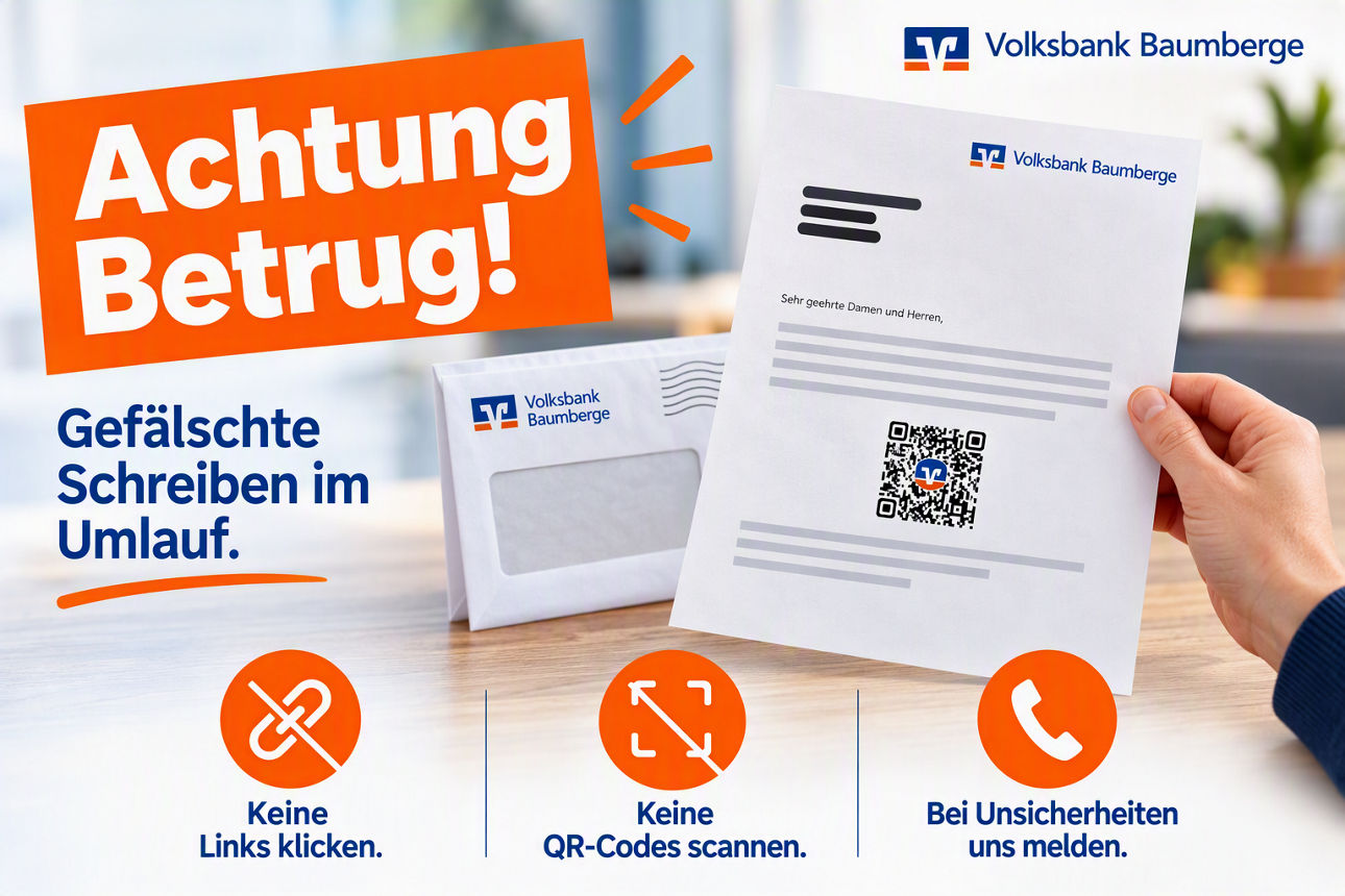 Text: Achtung Betrug, gefälschte Schreiben im Umlauf