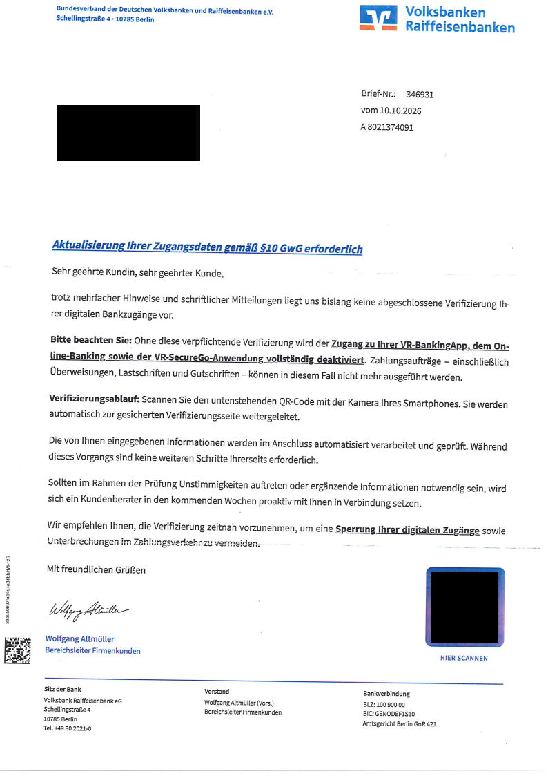 Betrugsschreiben Zugangsdaten