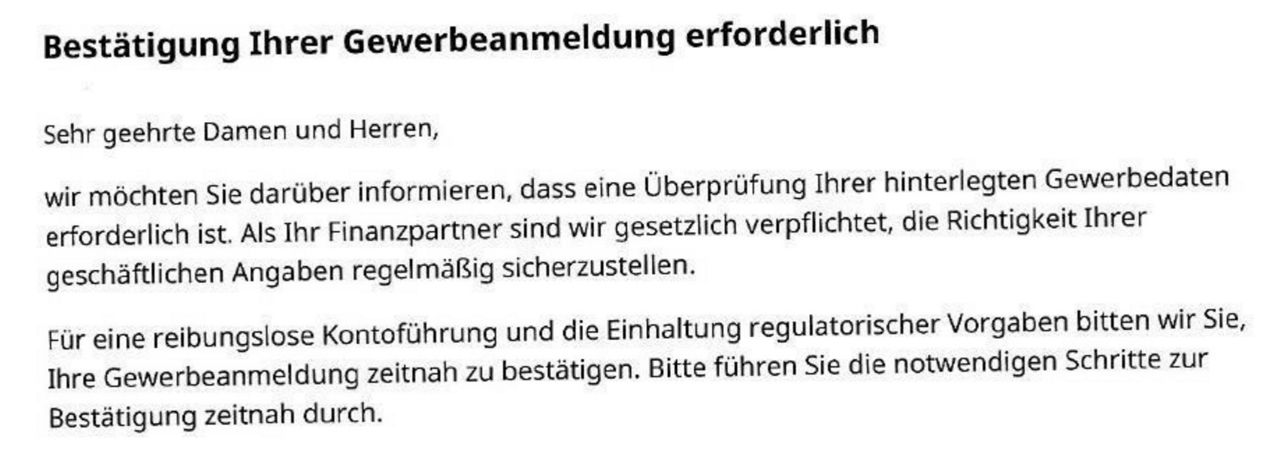 Betrugsmasche über Gewerbeanmeldung Auszug