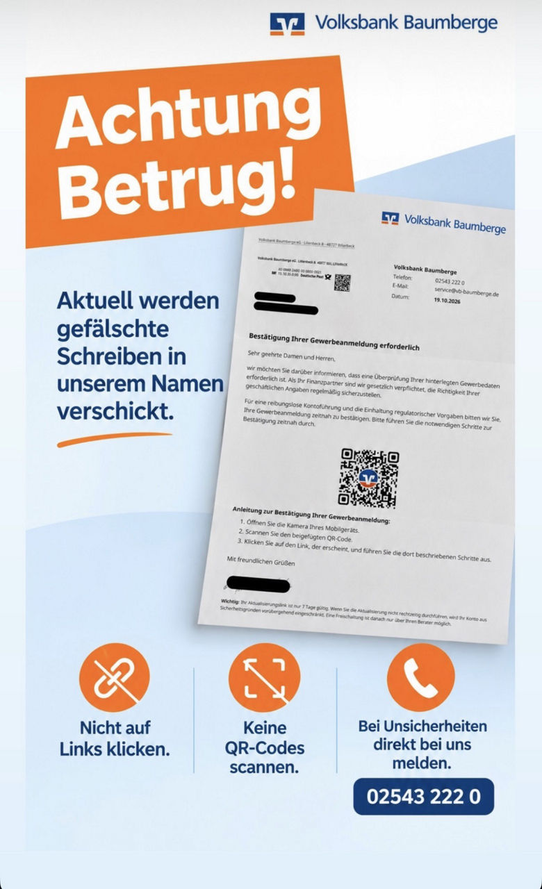 Text "Achtung Betrug! Aktuell werden gefälschte Schreiben in unserem Namen verschickt"