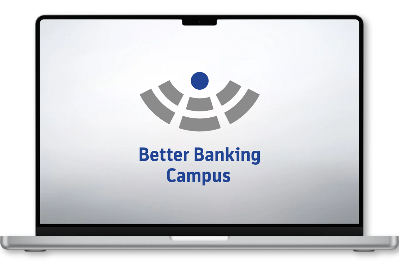 Laptop-Bildschirm zeigt Logo des Better Banking Campus