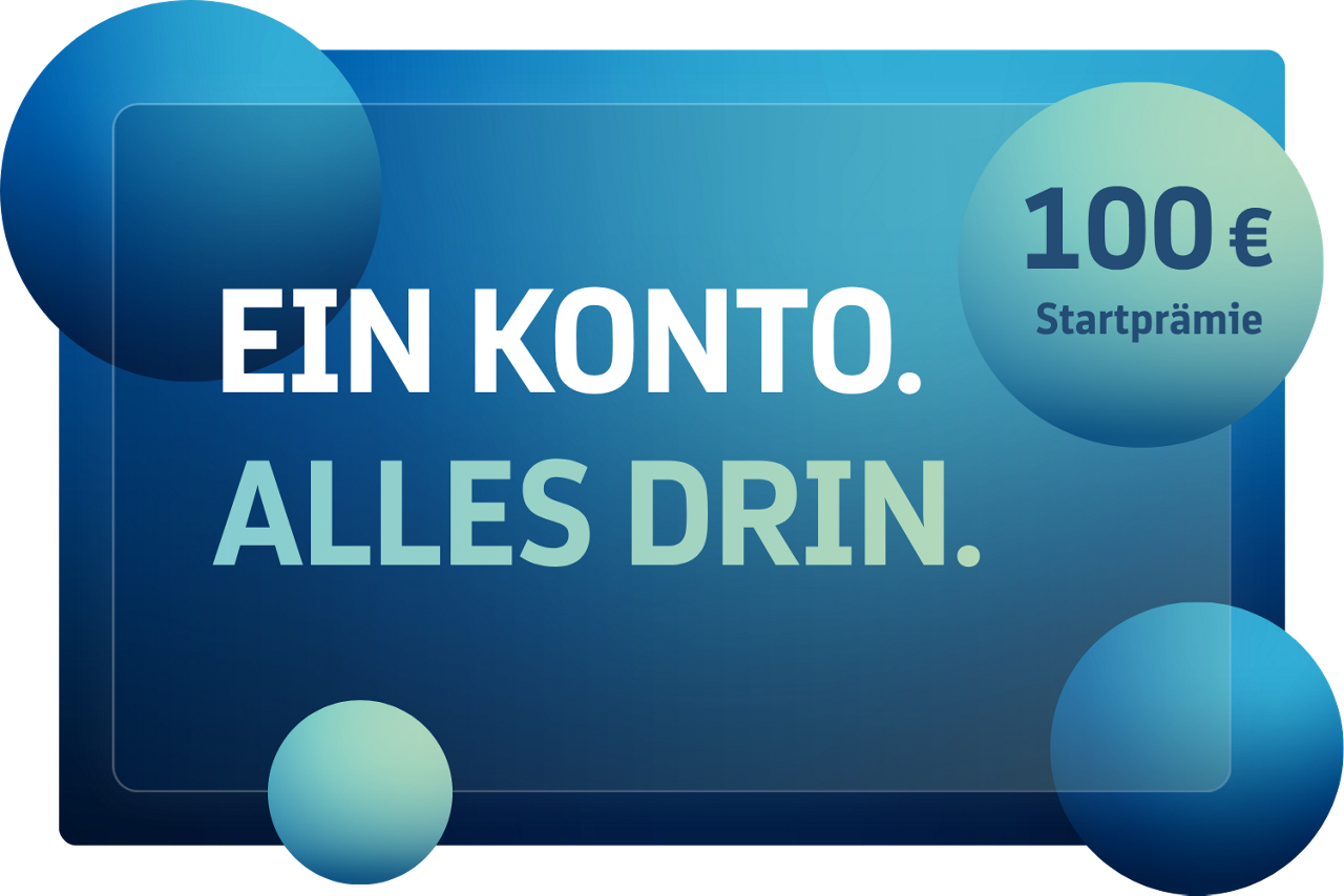 Dunkelblaues Banner mit „EIN KONTO. ALLES DRIN.“. Rechts oben ein Kreis mit „50 € Startprämie“, ergänzt durch blaue Kreise.