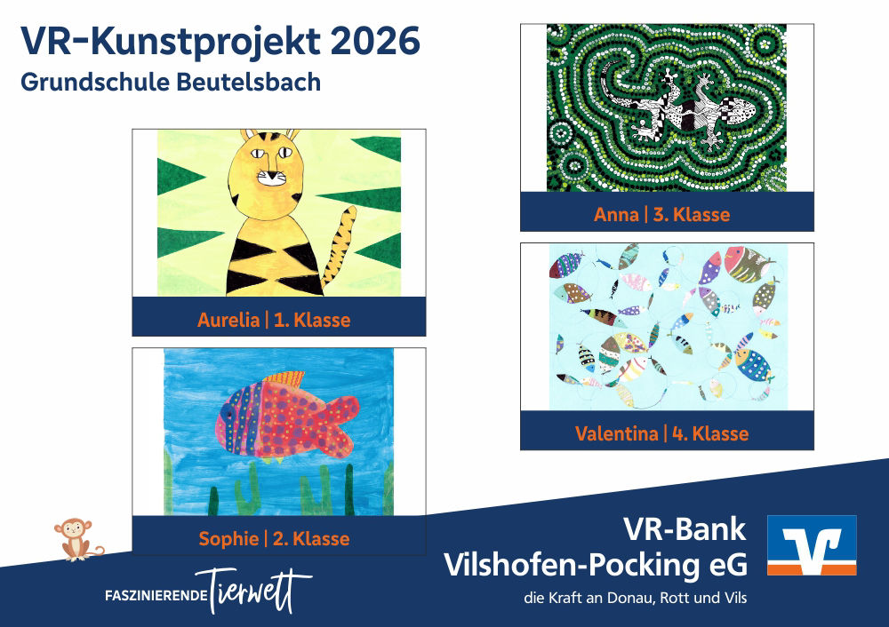 Die vier Gewinnerbilder VR-Kunstprojekt 2026, Grundschule Beutelsbach: Tiger, Gecko, Fisch, Fische.