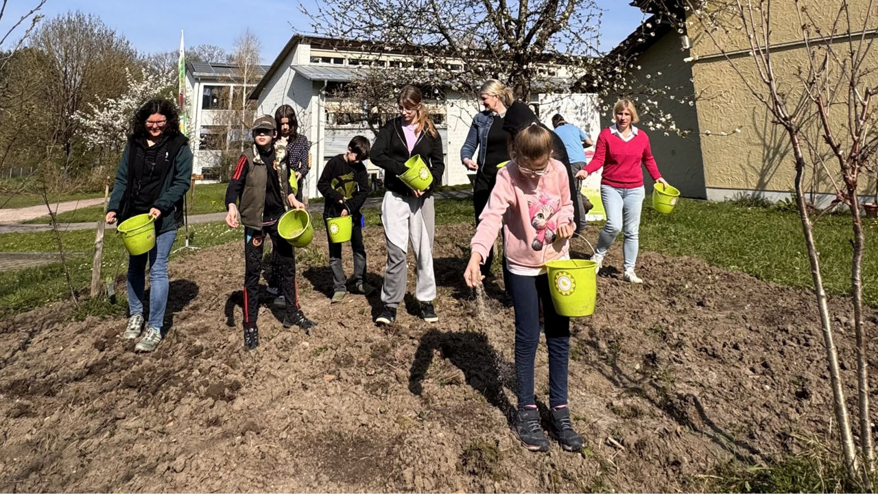 Auf dem Bild sind Schülerinnen und Schüler zu sehen die eine Wildblumenwiese ansäen