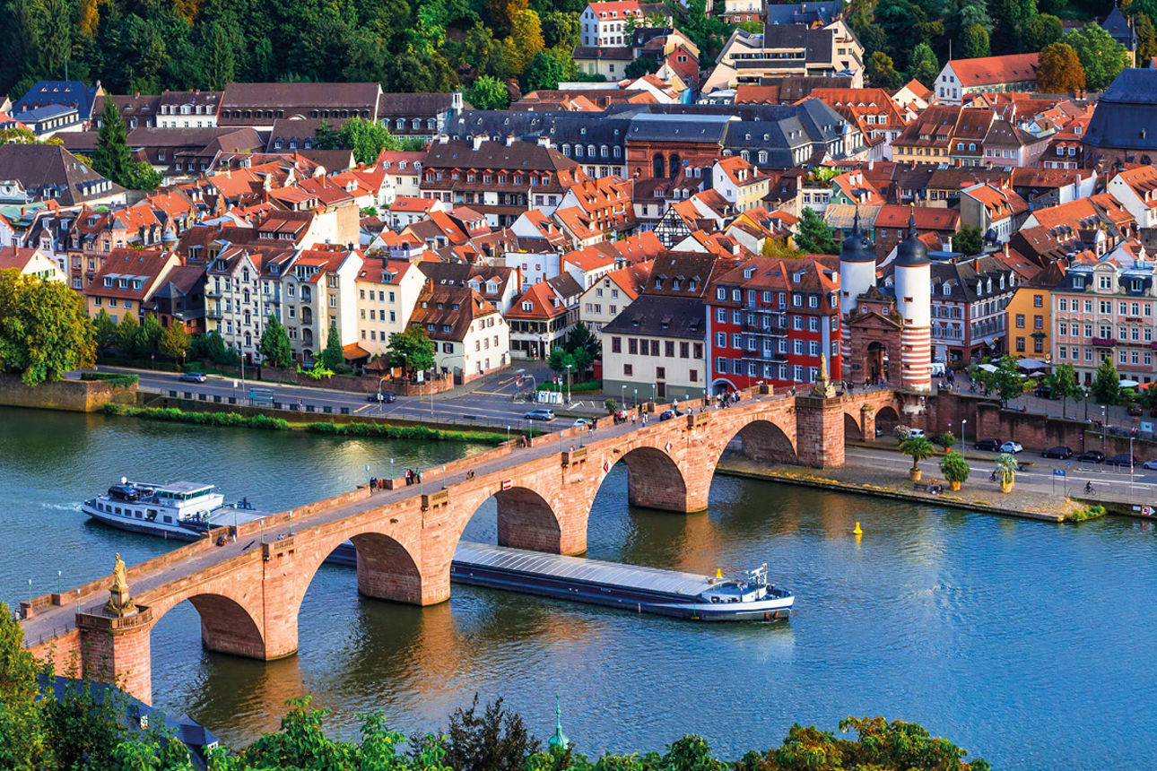 Fluß (Neckar) durch Heidelberg mit der "Alten Brücke" und mit Häusern im Hintergrund