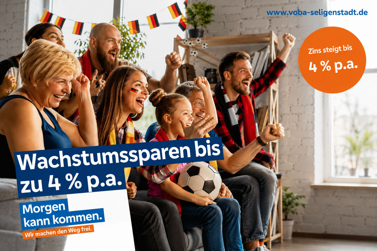 Werbekampagne der Volksbank Seligenstadt für ihren Sparplan mit 4 % Wachstum.