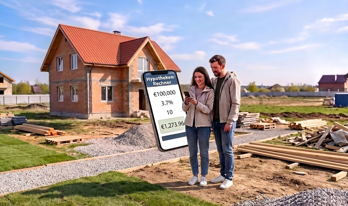 Junges Paar stellt sich das neue Haus auf der grünen Wiese vor