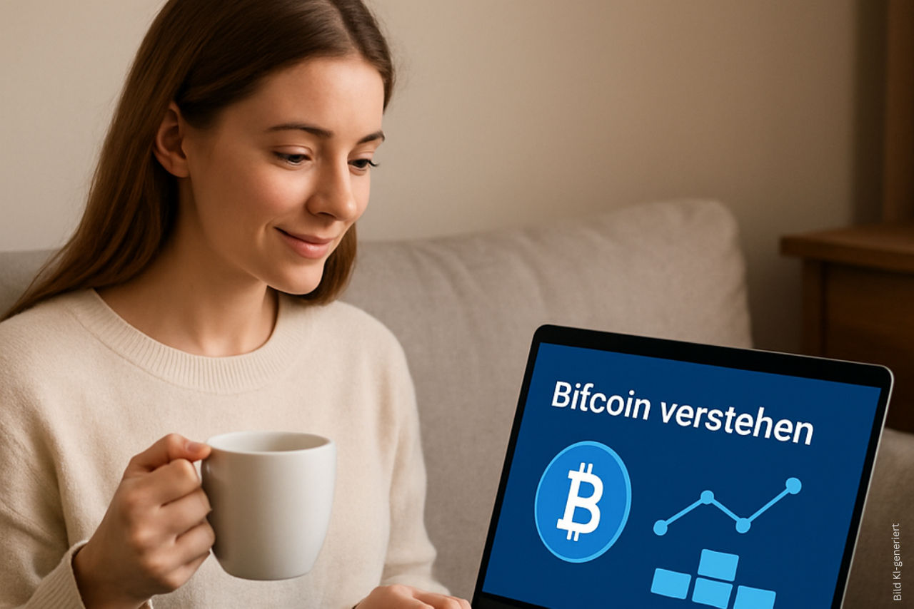 Junge Frau am Laptop mit Anzeige Bitcoin verstehen