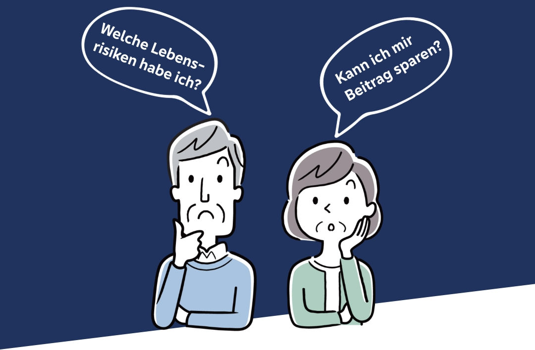 Illustrierter Dialog zweier Menschen mit Sprechblasen: "Welche Lebensweise habe ich?" und "Kann ich mir Beitrag sparen?"