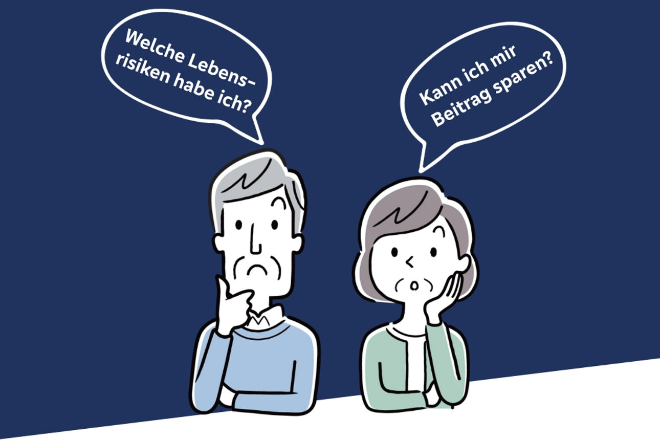 Illustrierter Dialog zwei Menschen mit Sprechblasen: "Welche Lebensweise habe ich?" und "Kann ich mir Beitrag sparen?"