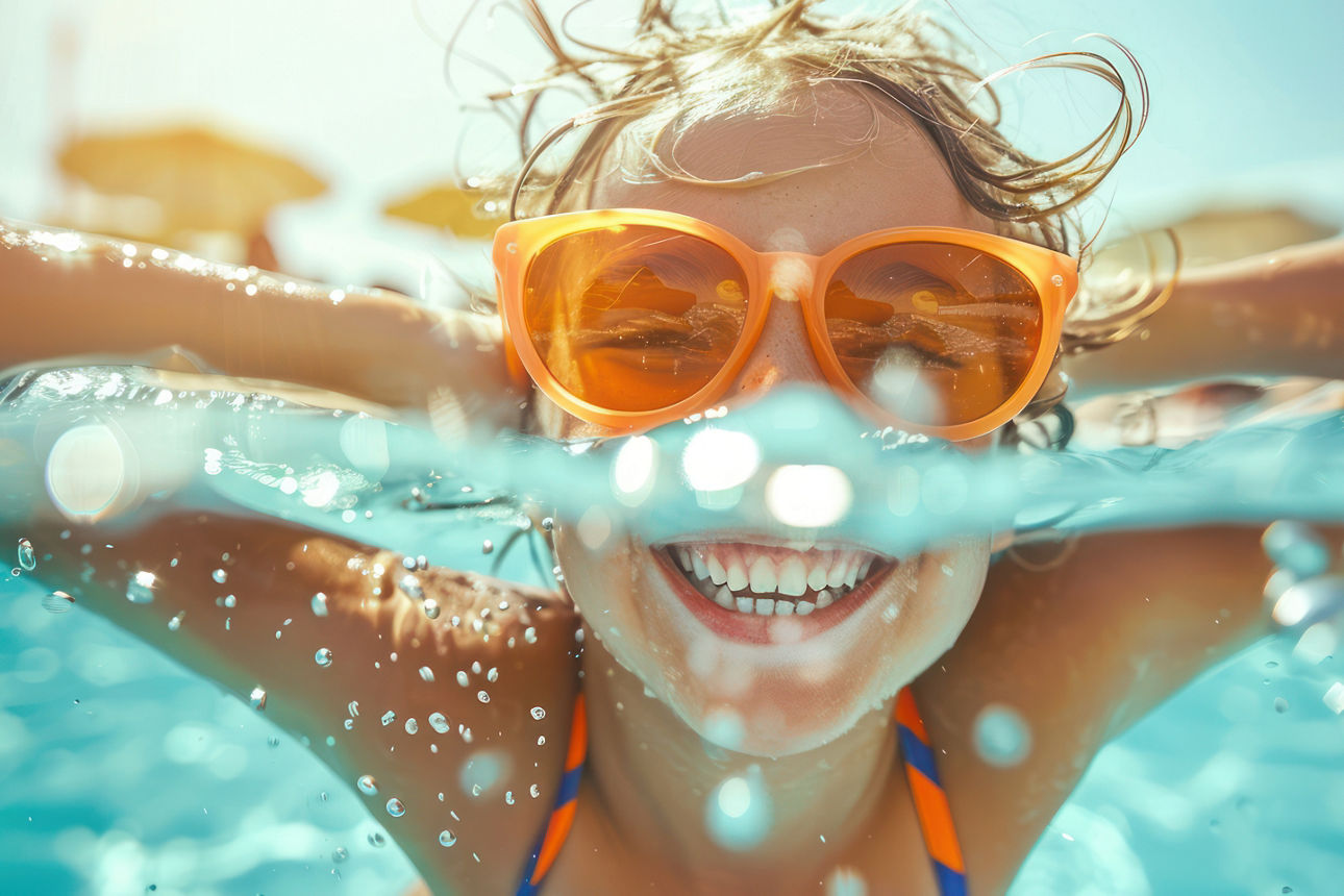 Kind mit bunter Sonnenbrille im Pool