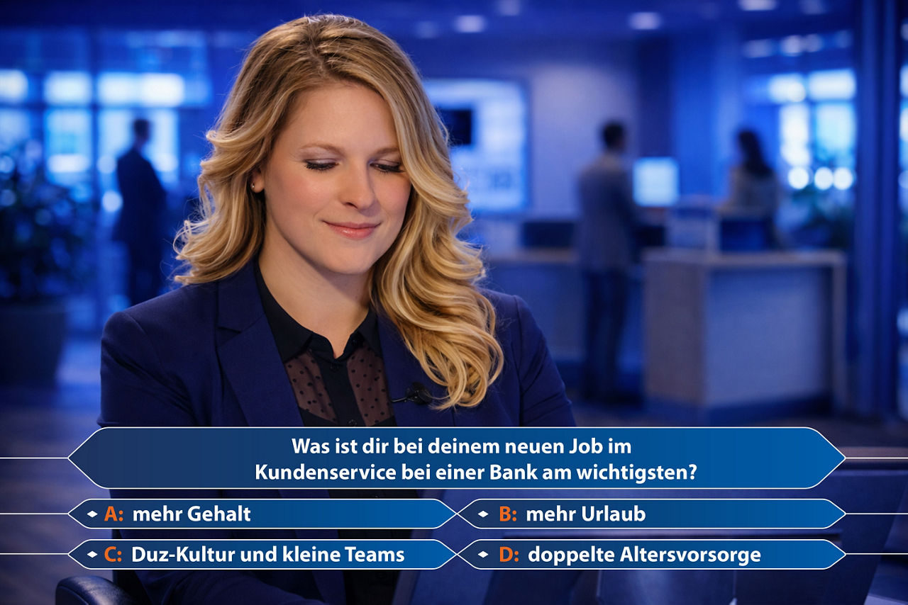 Frau lächelt und blickt auf einen Bildschrim