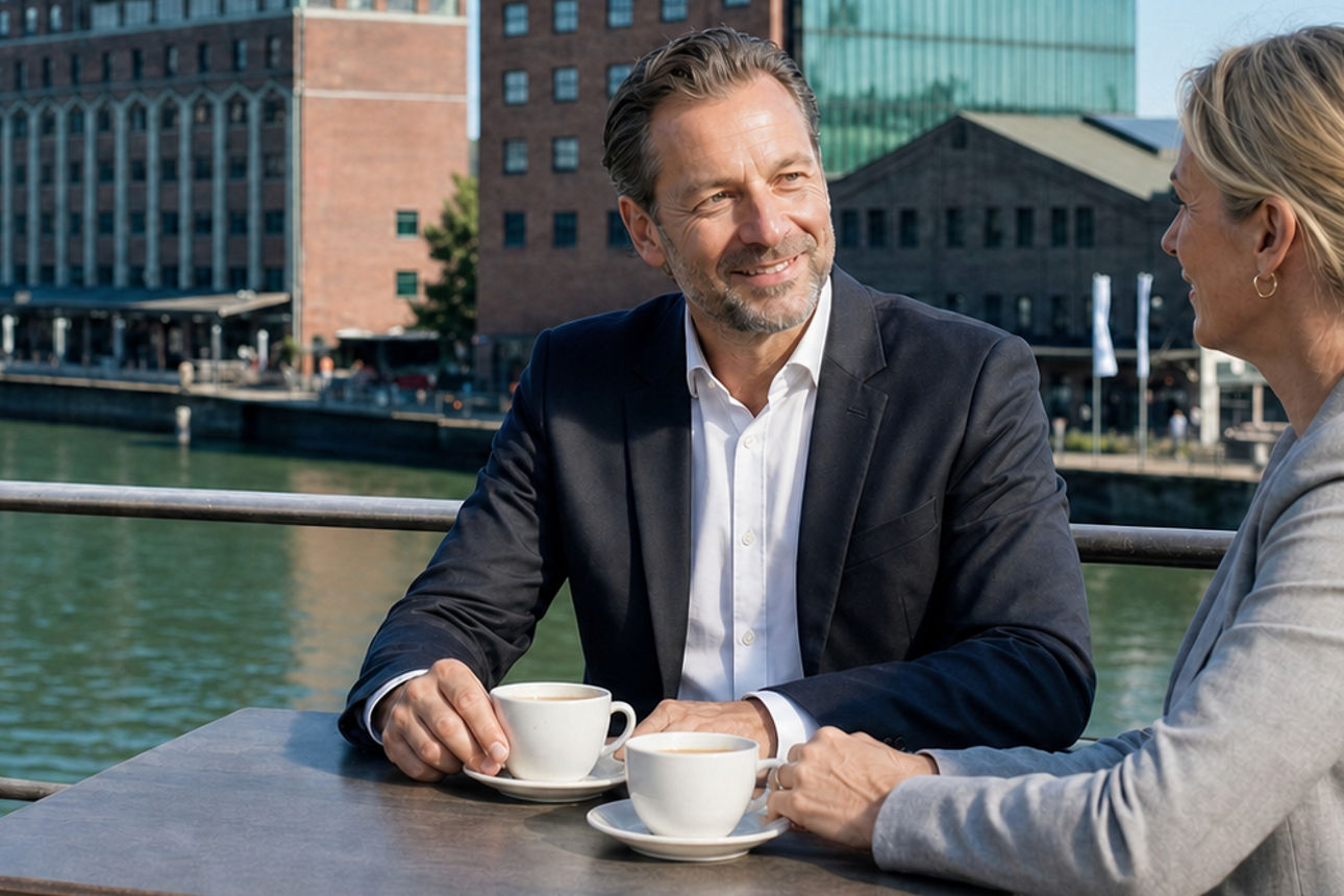 Zwei Personen sitzen auf der Dachterasse der Volksbnk Rhein-Ruhr im Innenhafen