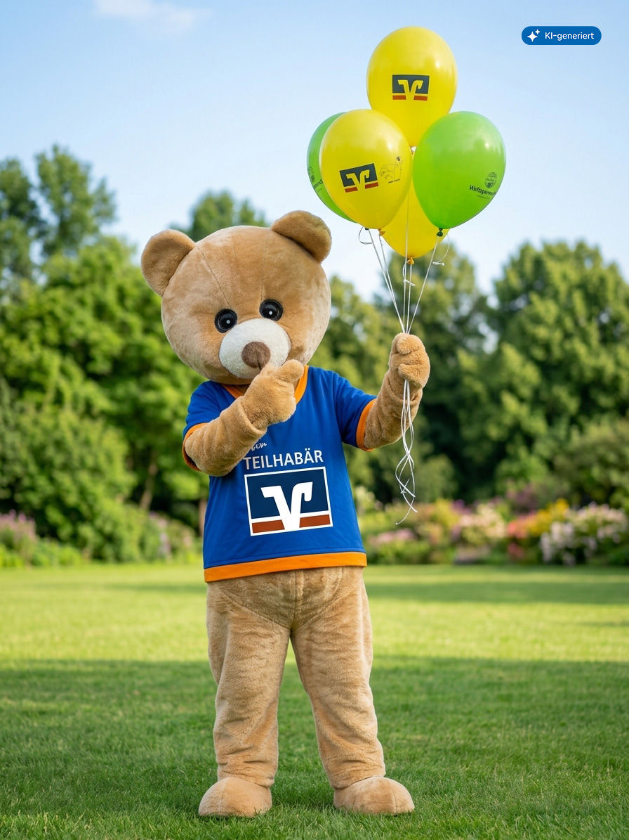 Ein Bären-Maskottchen im blauen Trikot steht im Park und hält bunte Luftballons mit Bank-Logo in der Hand.